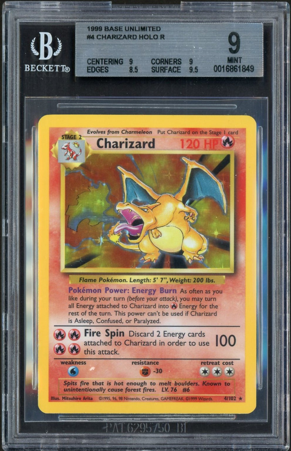 1998 Charizard Holo - Base Unlimited #4 - BGS 9